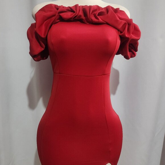 Party Dress | Red Ruffled Off the Shoulder Midi Dress Womens club night out part - Picture 1 of 5